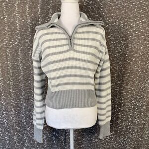 Sage + Stone Striped Knit Quarter Zip‎ Sweater Gray/White Preppy Women's Medium